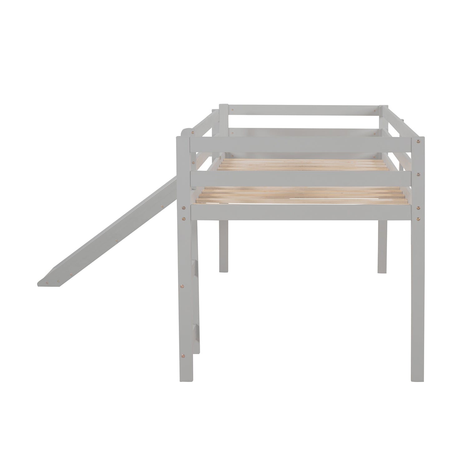 Gray wooden loft bed frame with a slide for kids Gray loft bed with slide