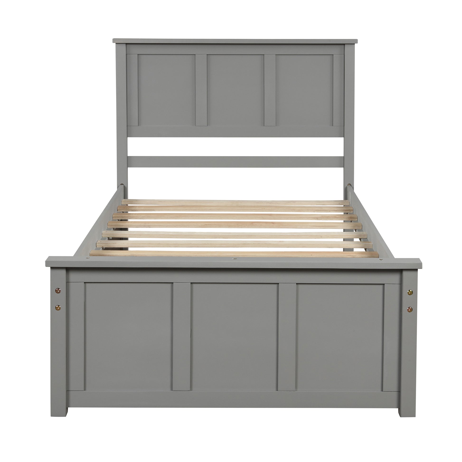 Grey wooden twin bed frame with panel headboard and footboard