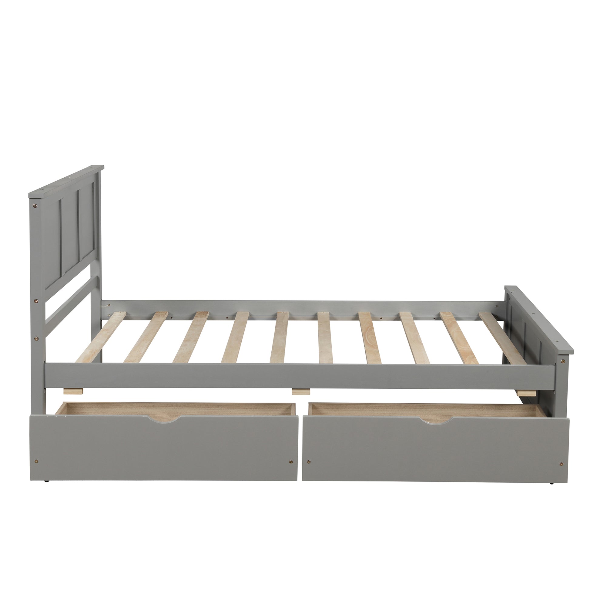 Gray wooden twin bed frame with headboard and two underbed storage drawers