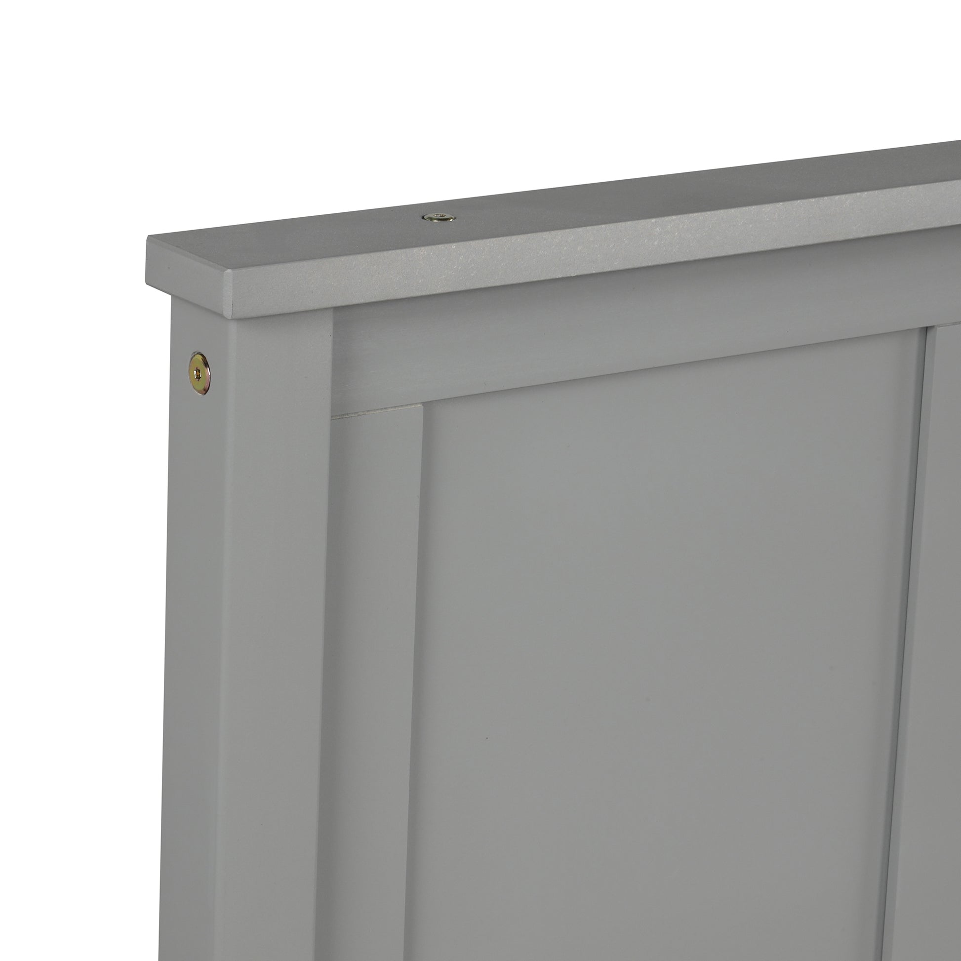 Gray wooden bed frame detail with visible hardware
