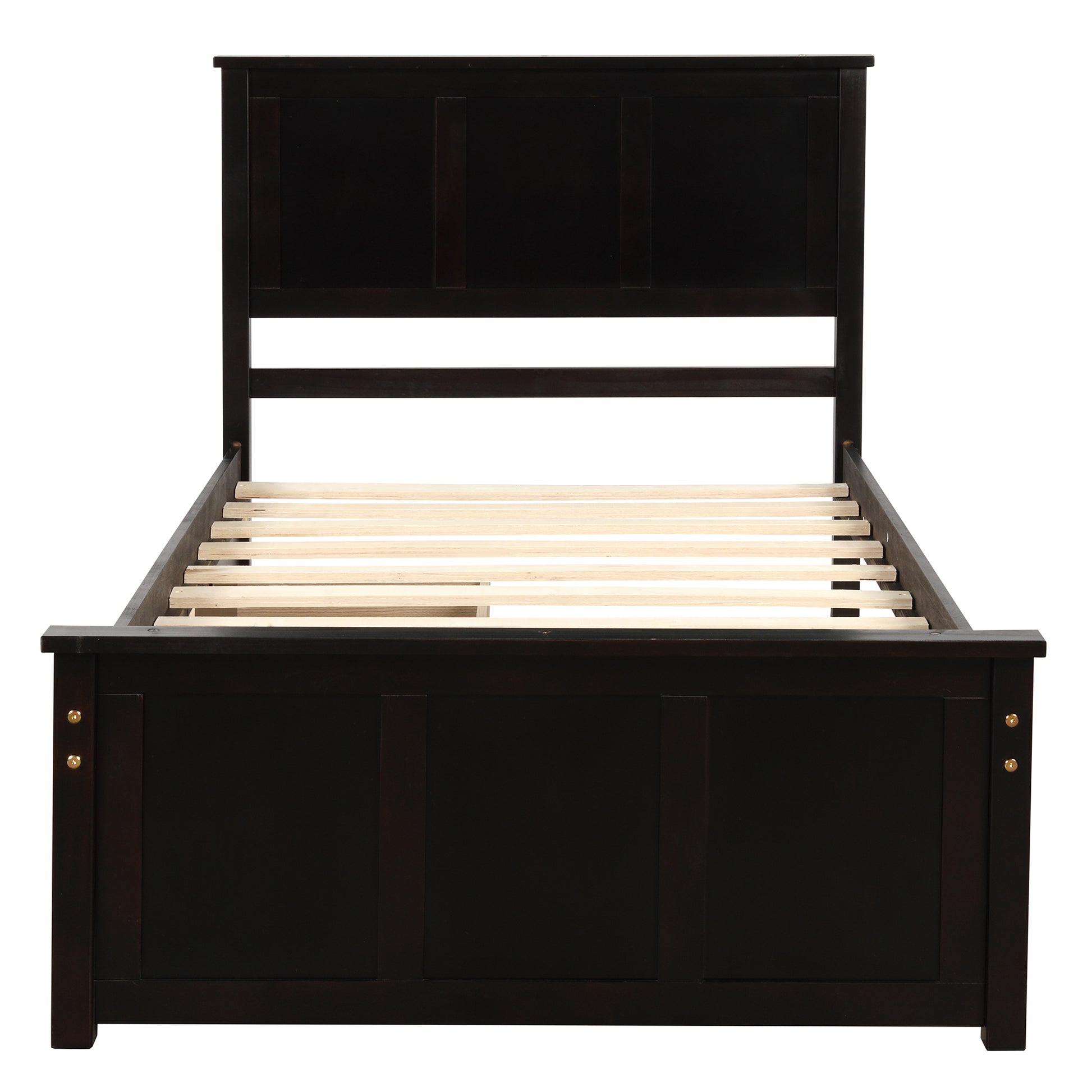 Dark wood queen bed frame with slatted platform and paneled headboard