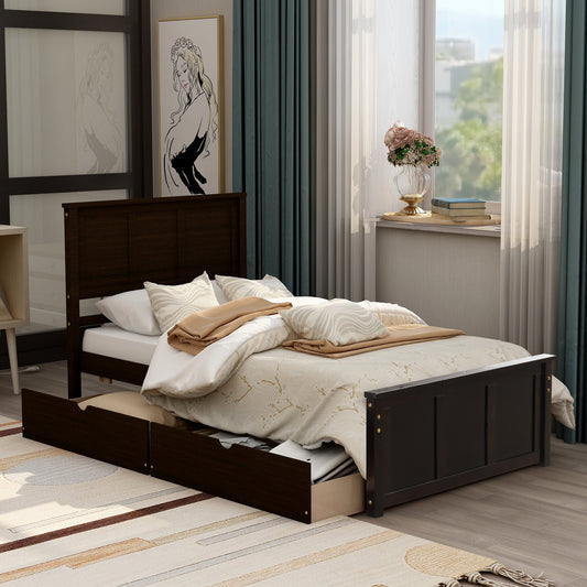 TREATLIFE HOME Twin Size Platform Storage Bed with 2 Drawers on Wheels, Solid Wood Frame, Espresso Color, Space-Saving Design