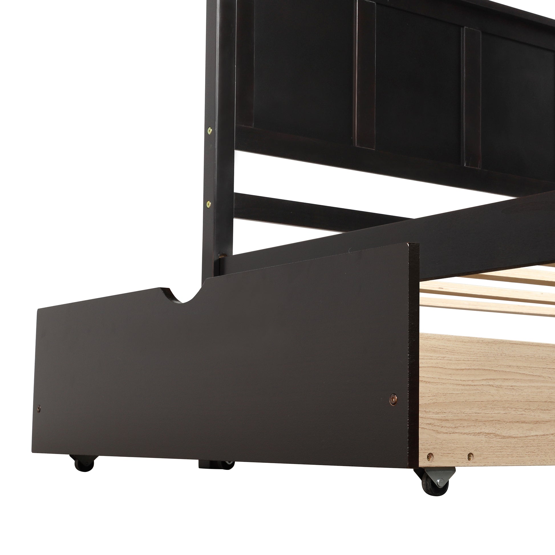 Dark espresso wood daybed frame with pullout trundle on casters
