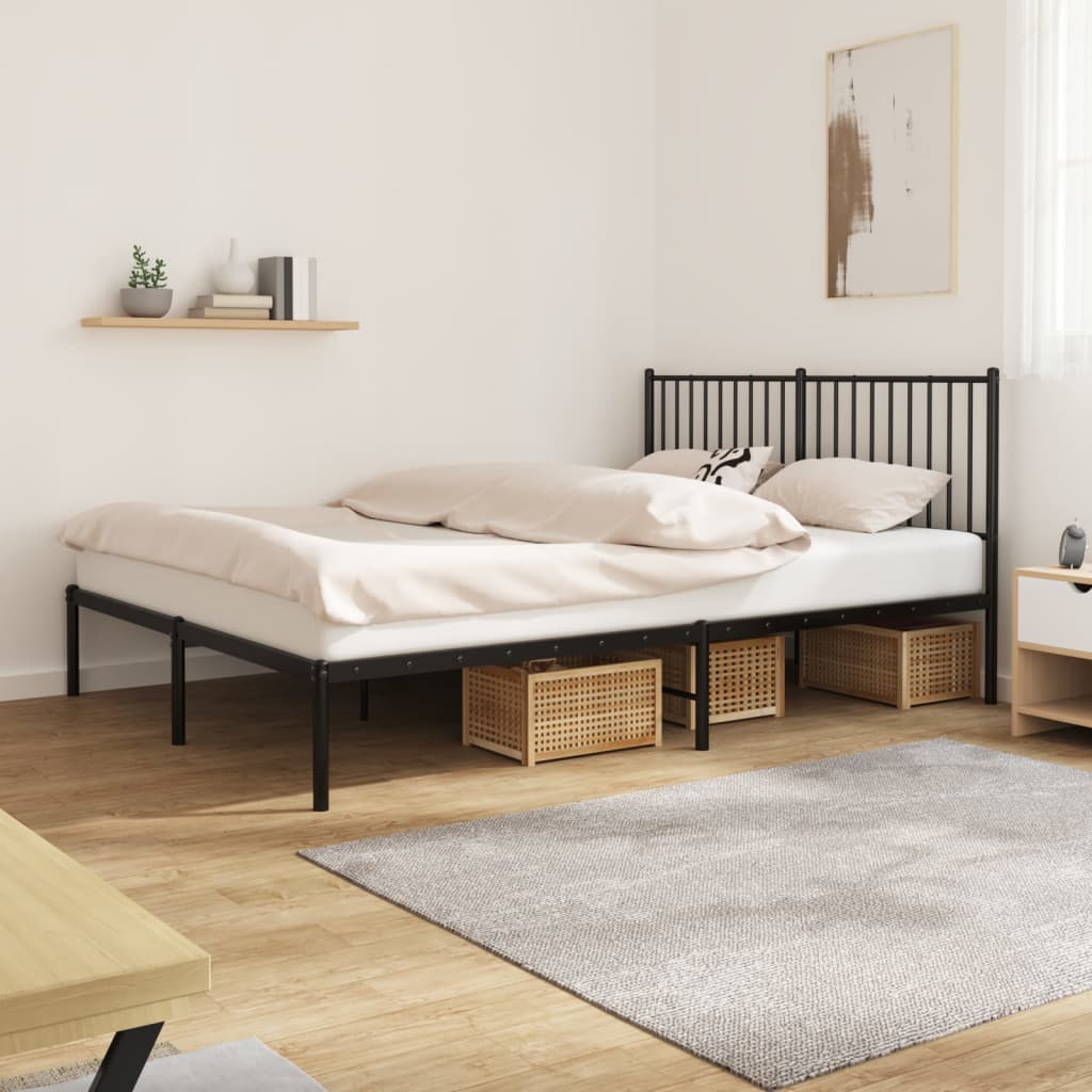 Modern black metal bed frame with a slatted headboard and underbed storage