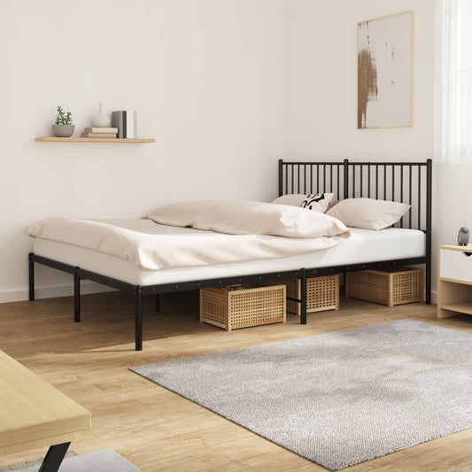 Modern black metal bed frame with a slatted headboard and underbed storage