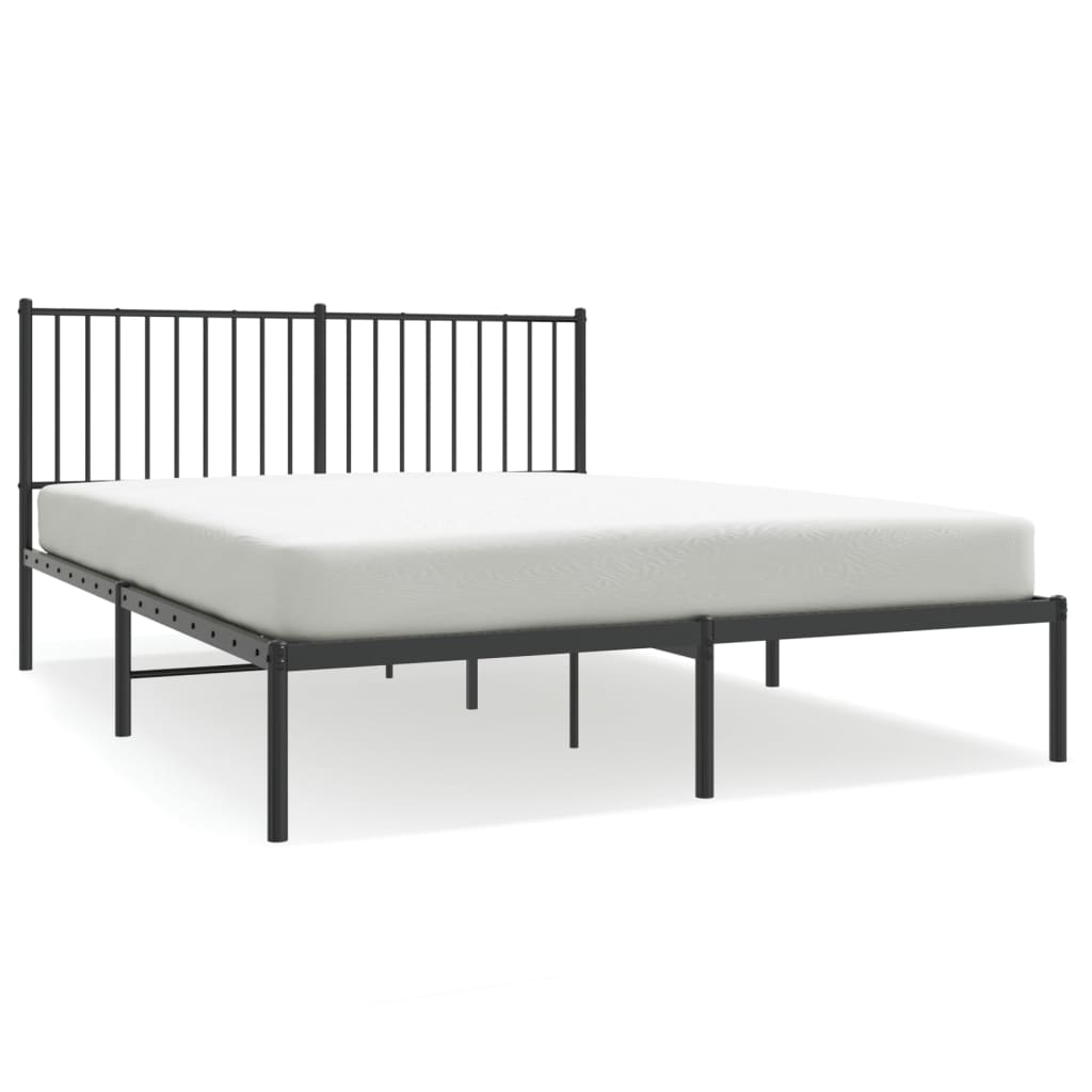 White metal bed frame with a slatted headboard and base including dimensions