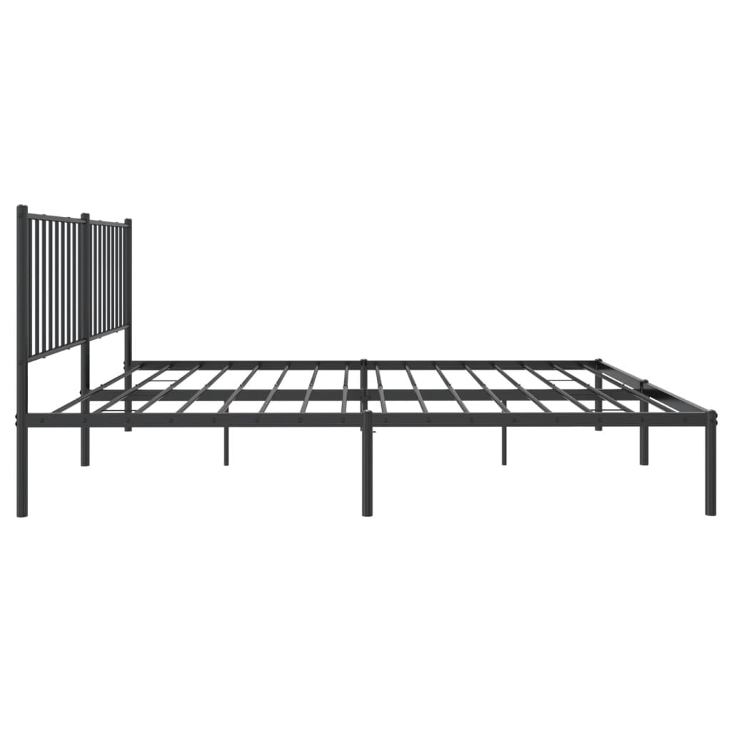 Black metal platform bed frame with vertical slat headboard and white mattress