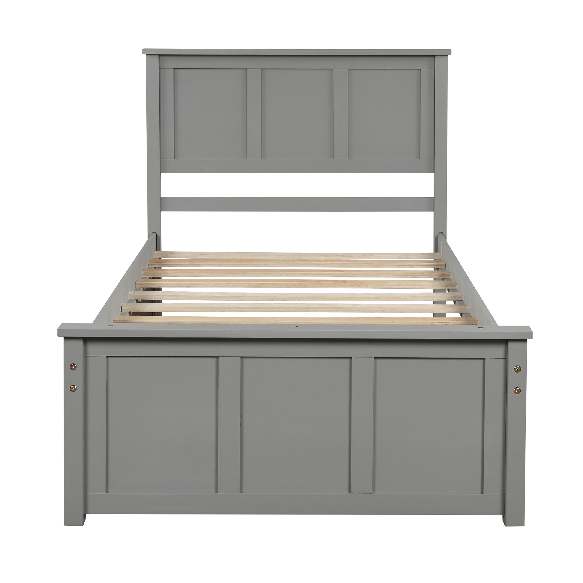 Gray wooden platform bed frame with panel headboard and footboard