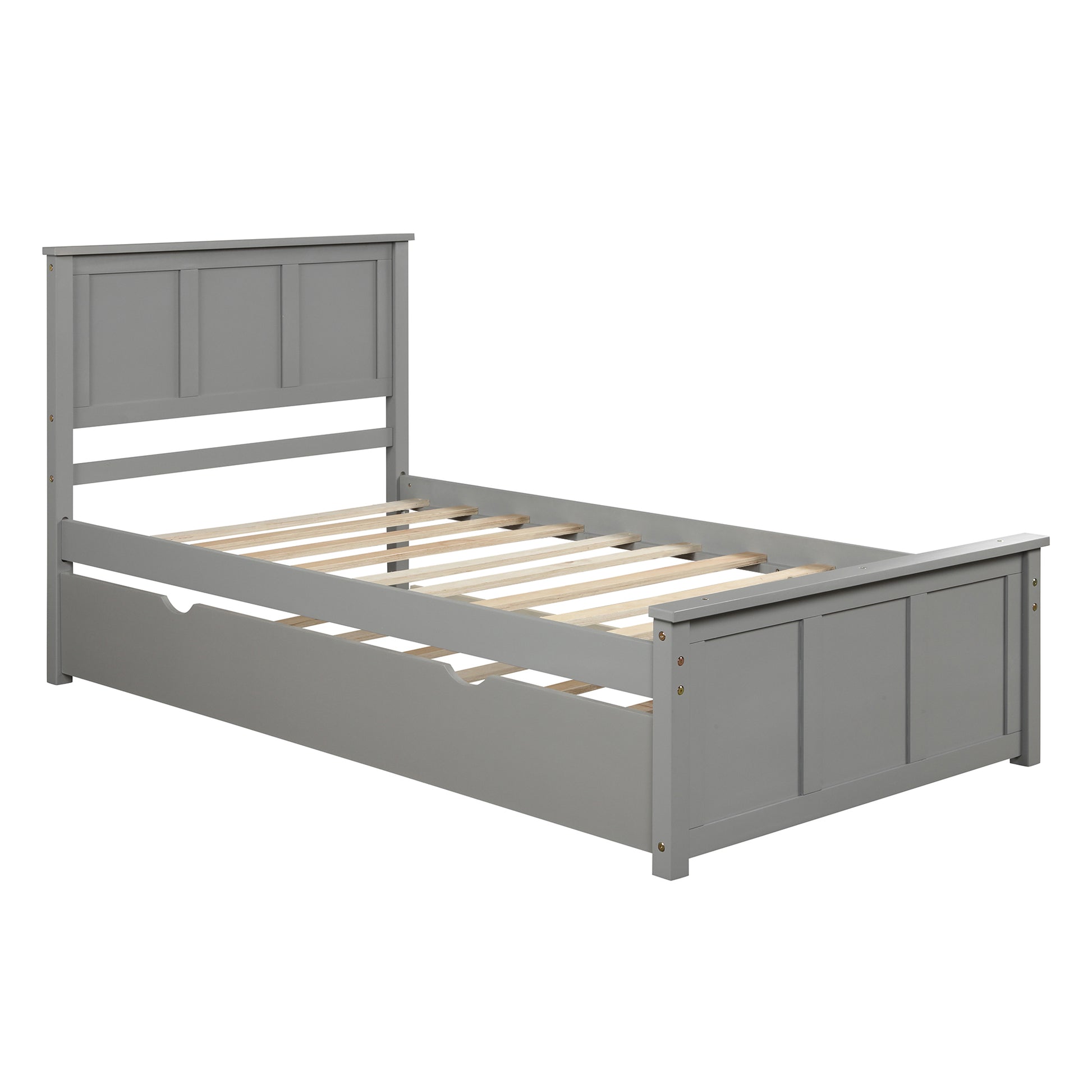 Gray wooden twin bed frame with slatted support