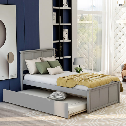 Gray wooden twin bed with trundle perfect for guest rooms or childrens spaces