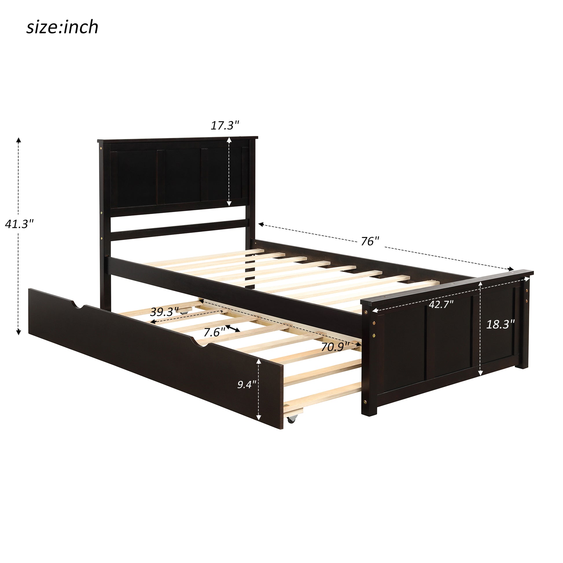 Dark brown twin bed frame with pullout trundle