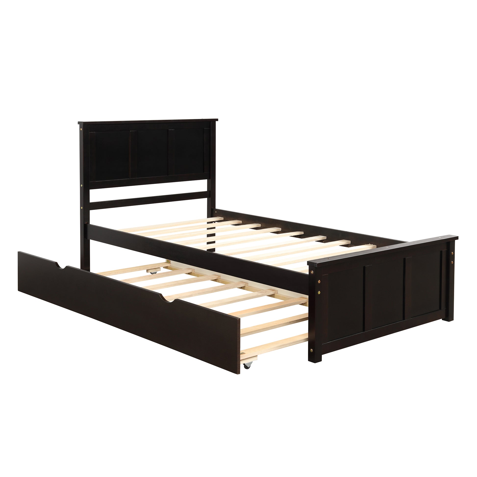 Dark brown wooden twin bed with pullout trundle