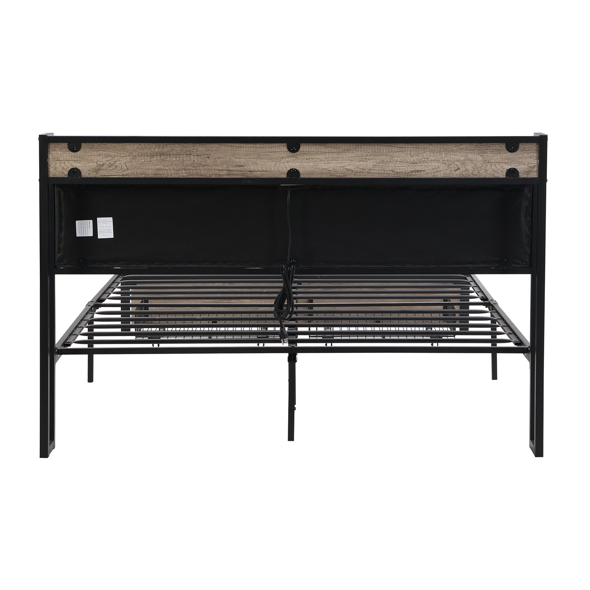 Black metal bed frame with faux wood headboard queen size