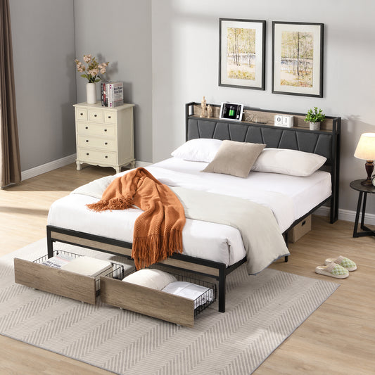 Modern grey upholstered bed frame with builtin headboard shelf and storage drawers
