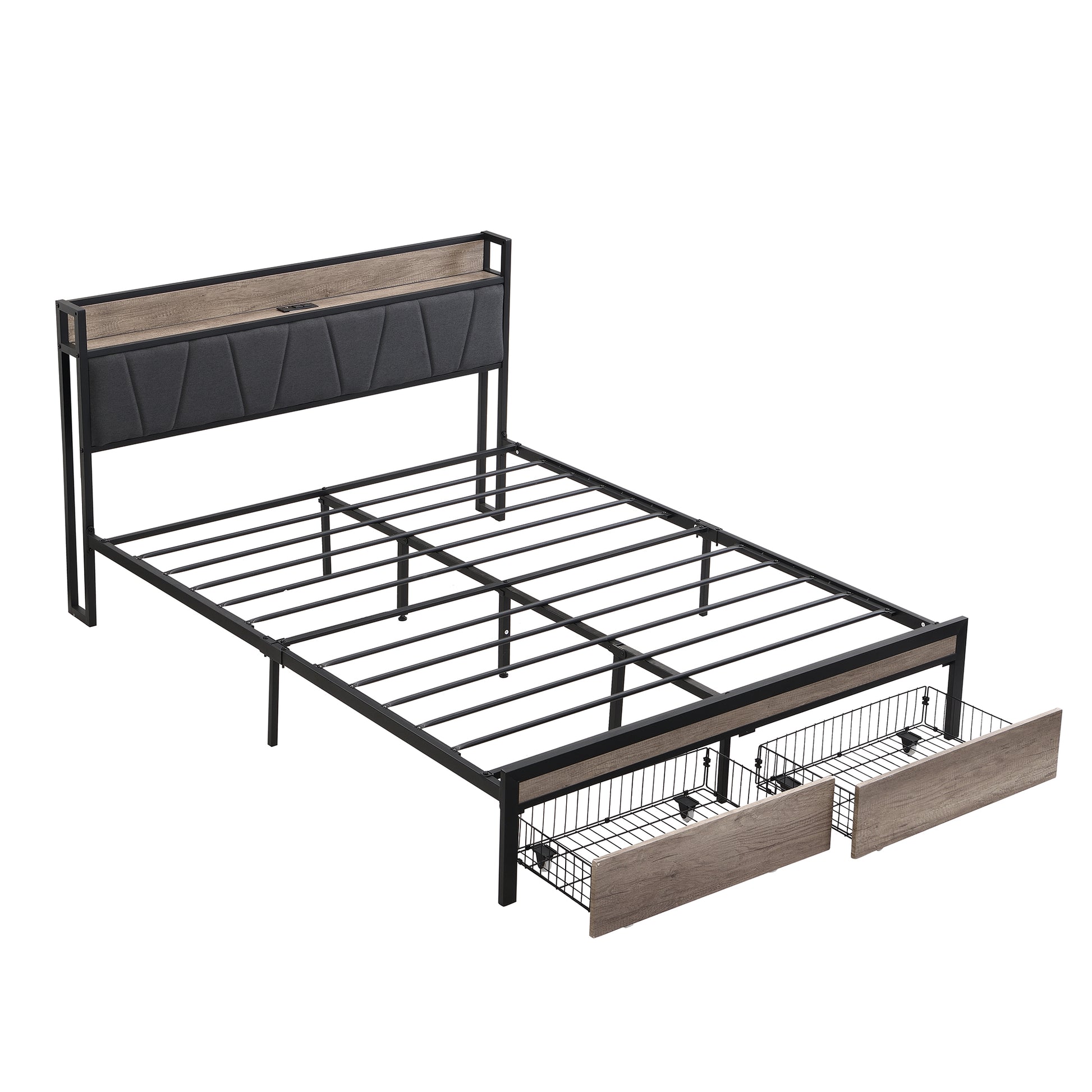 Metal platform bed frame with upholstered headboard and two drawers