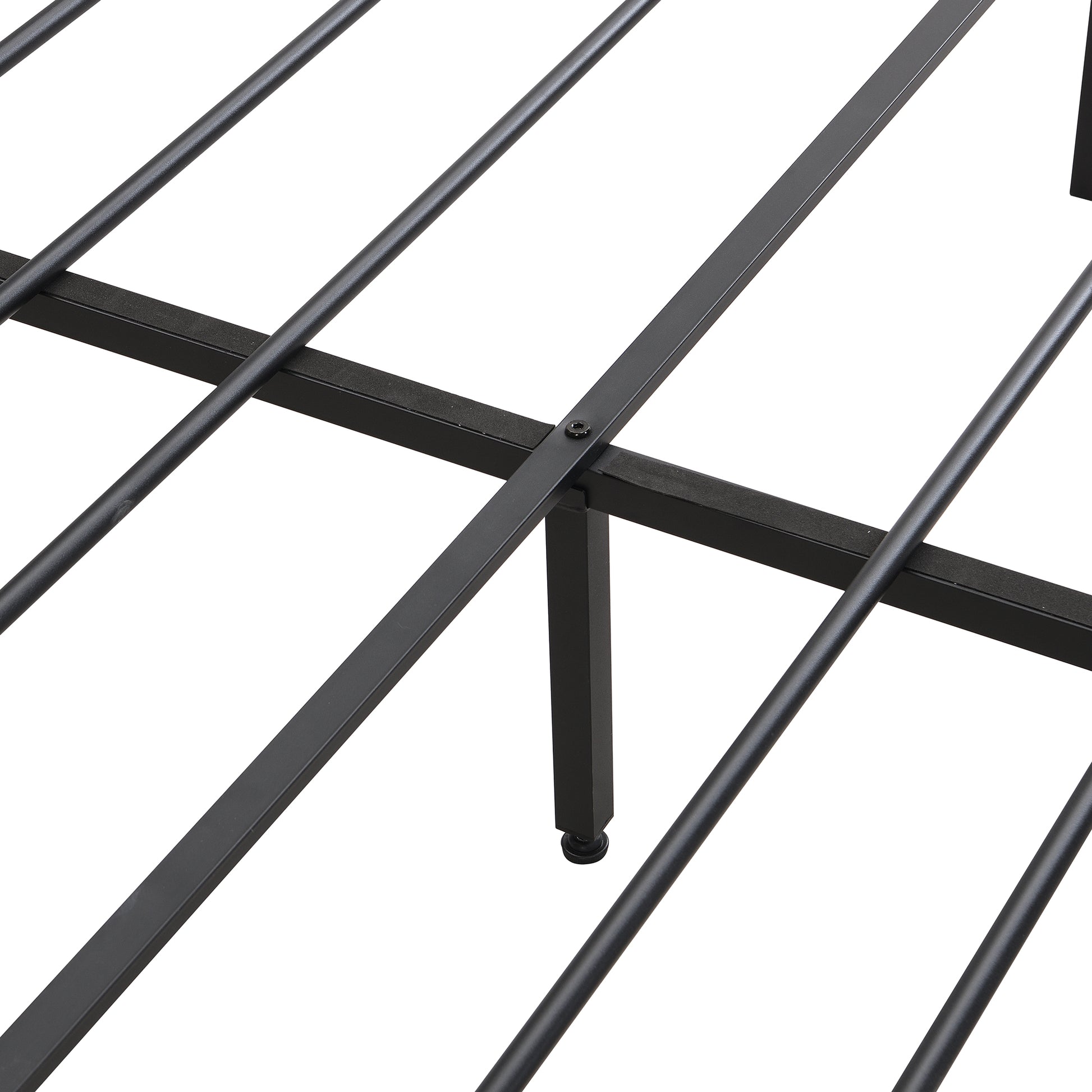 Black metal bed frame with horizontal slats and supporting legs