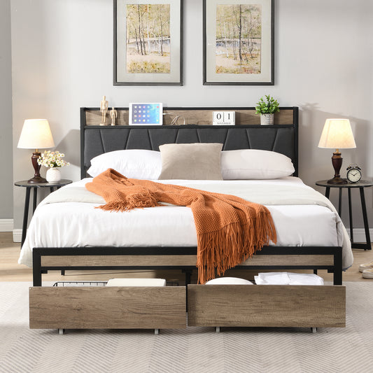 Modern upholstered bed frame with builtin storage drawers and wood accents
