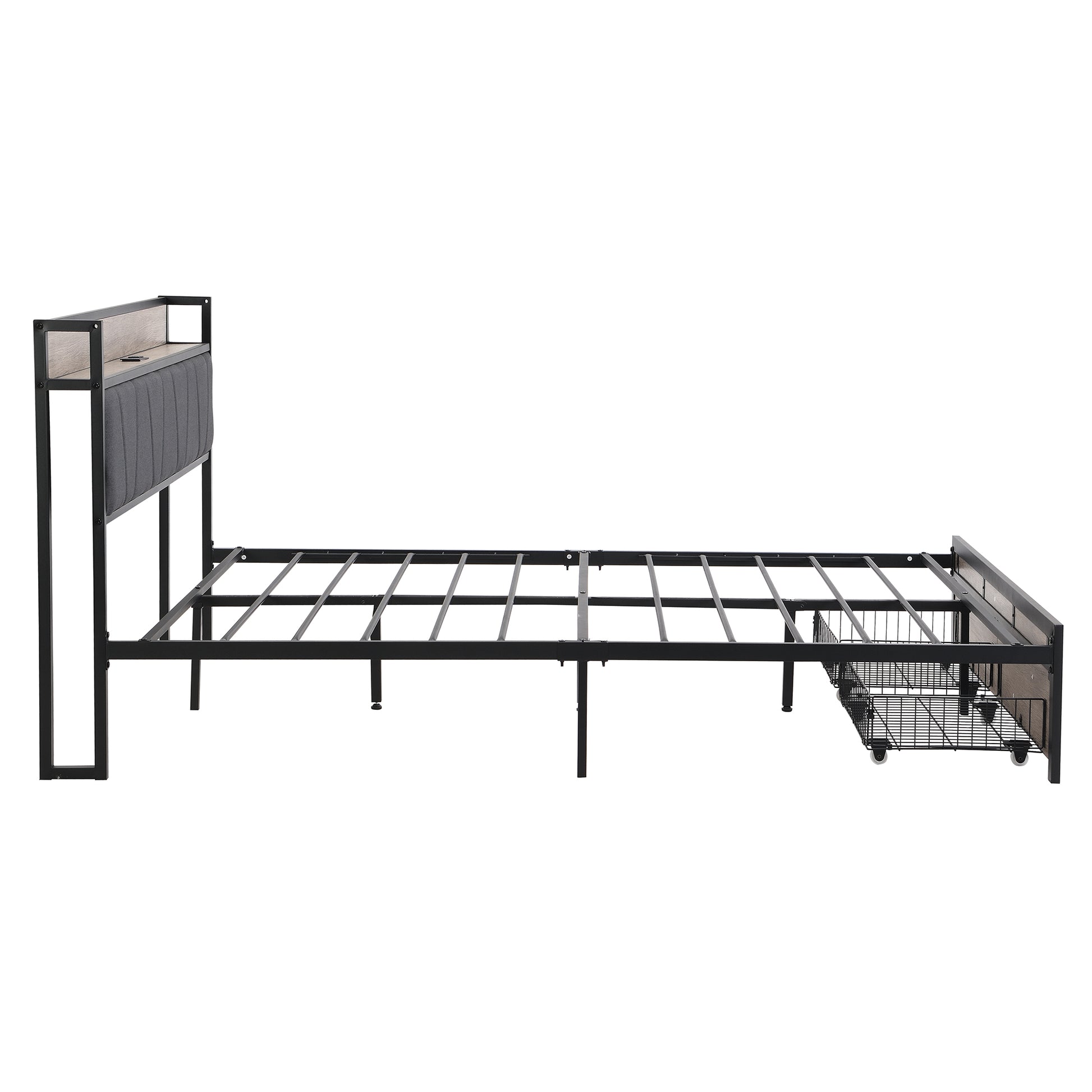 Black metal bed frame with grey upholstered headboard and wood accent