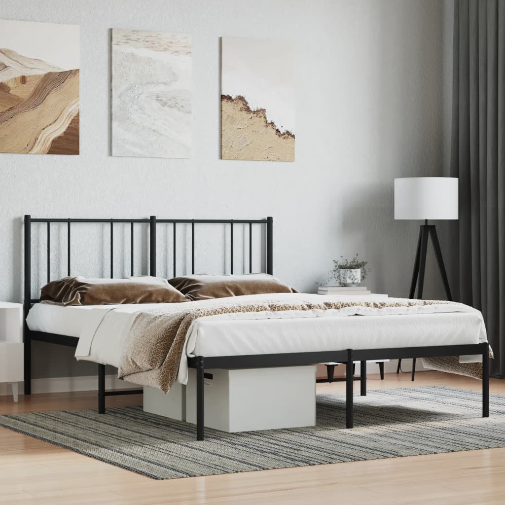 Black metal queen bed frame with minimalist headboard