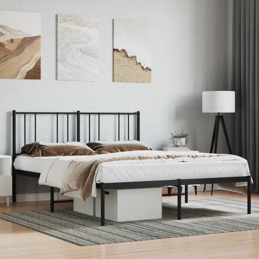 Black metal queen bed frame with minimalist headboard