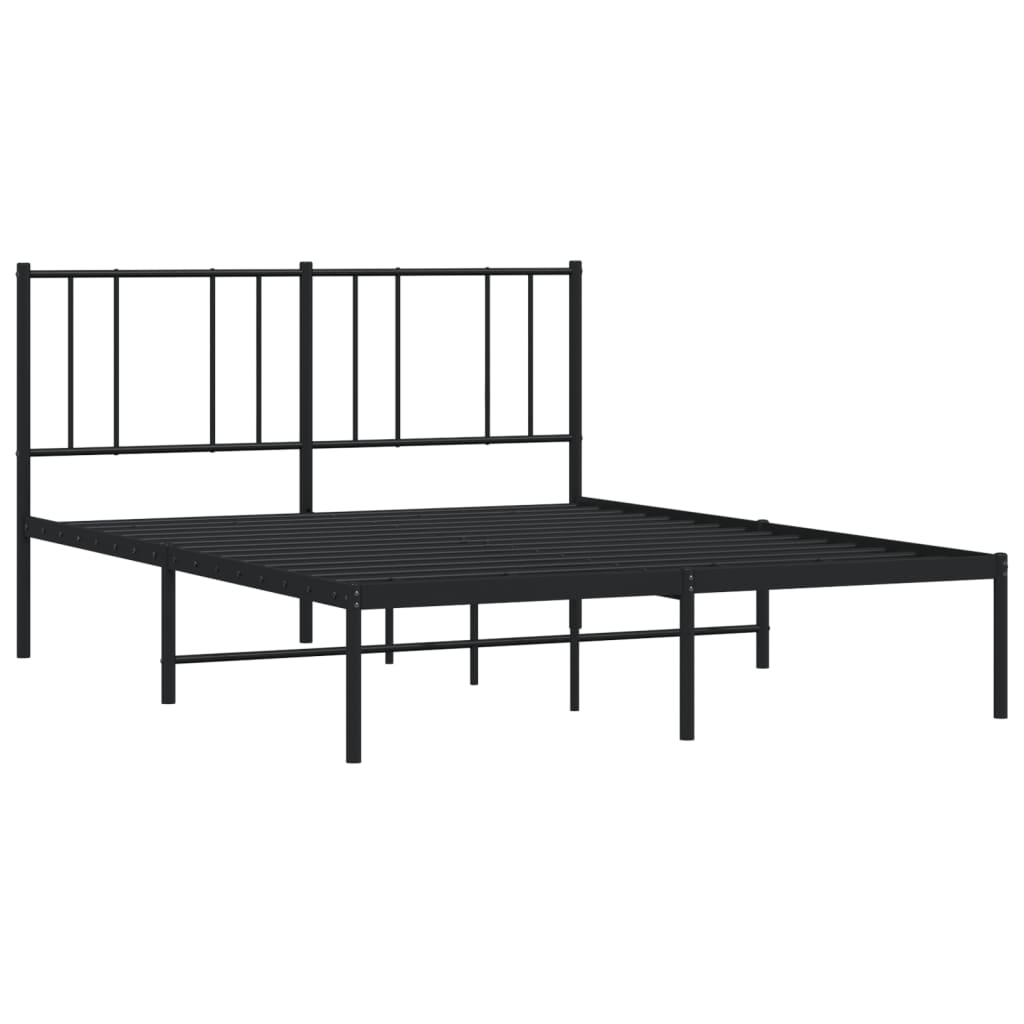 Black metal platform bed frame with a simple headboard and white mattress