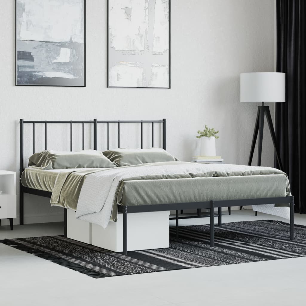 Modern black metal bed frame with a simple geometric headboard and footboard