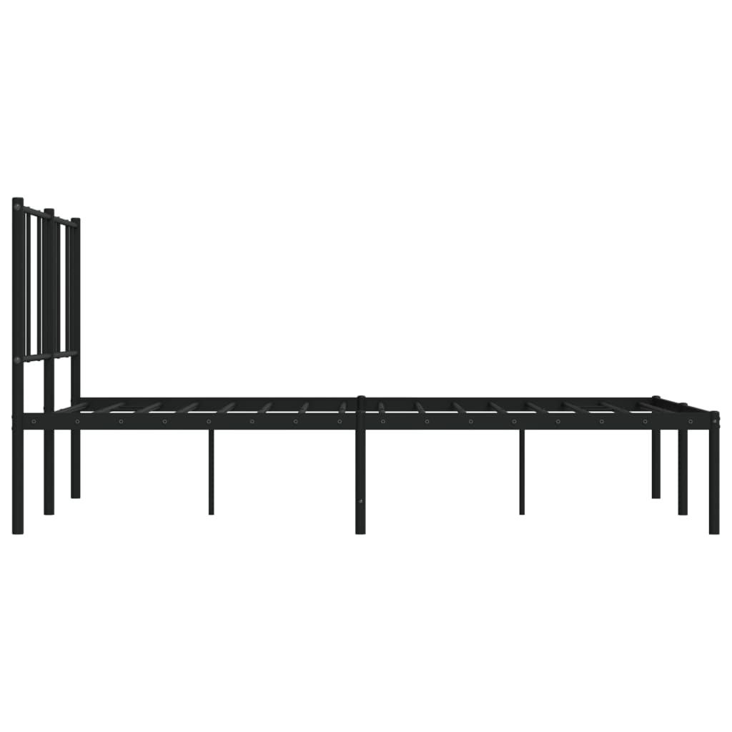 Black metal platform bed frame with a minimalist headboard