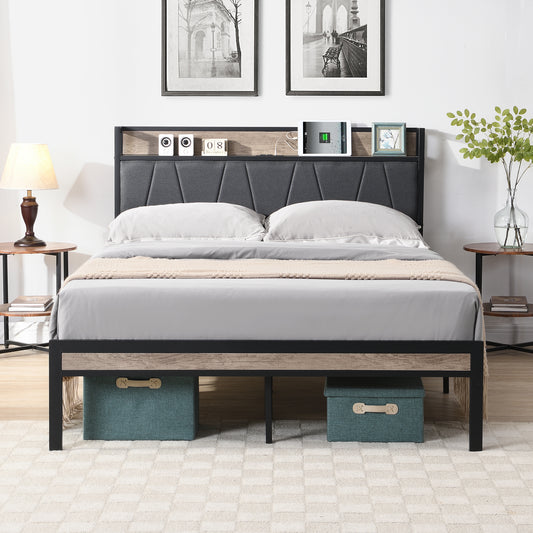 Modern upholstered queen bed with storage shelves