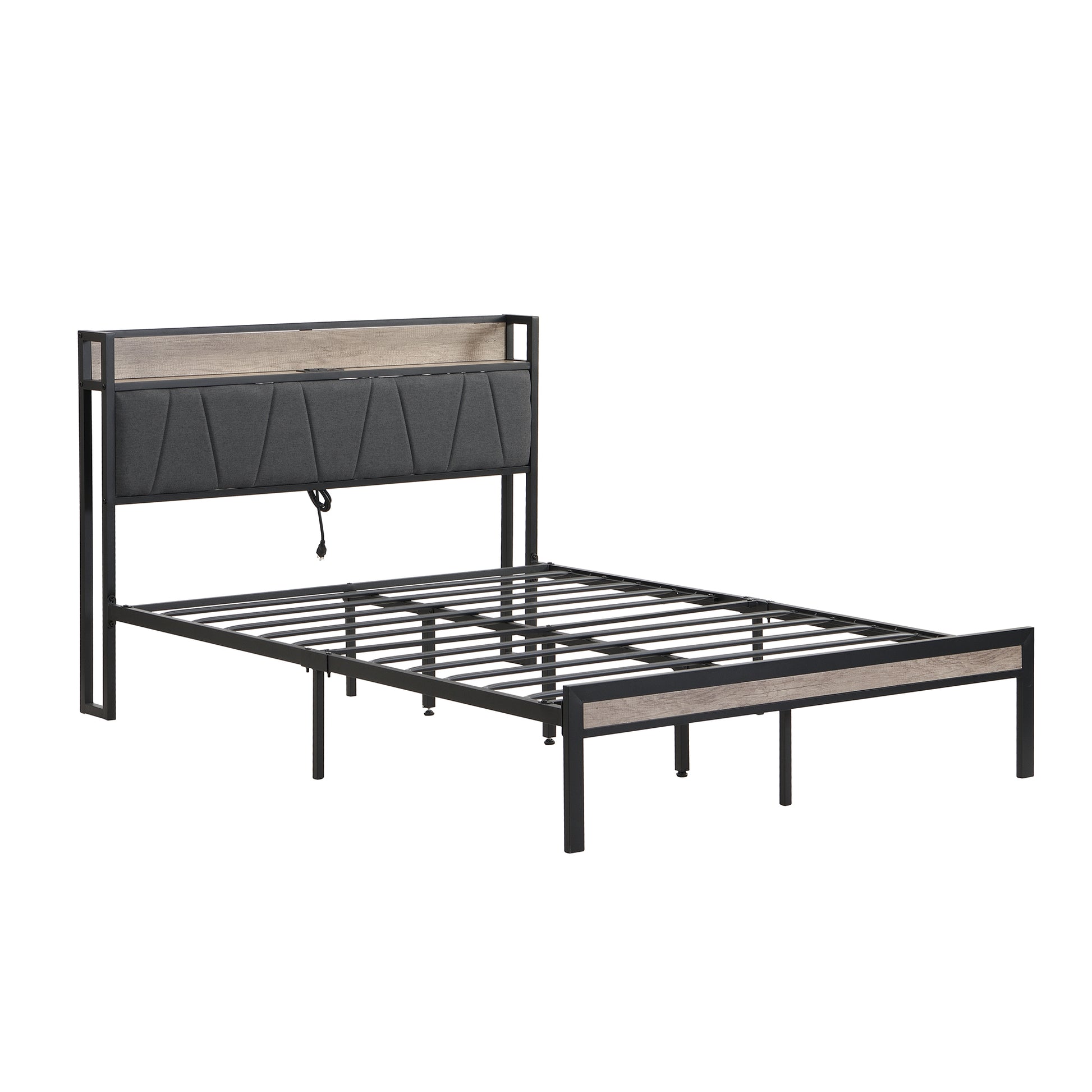 Modern upholstered bed frame with gray headboard and wood accents
