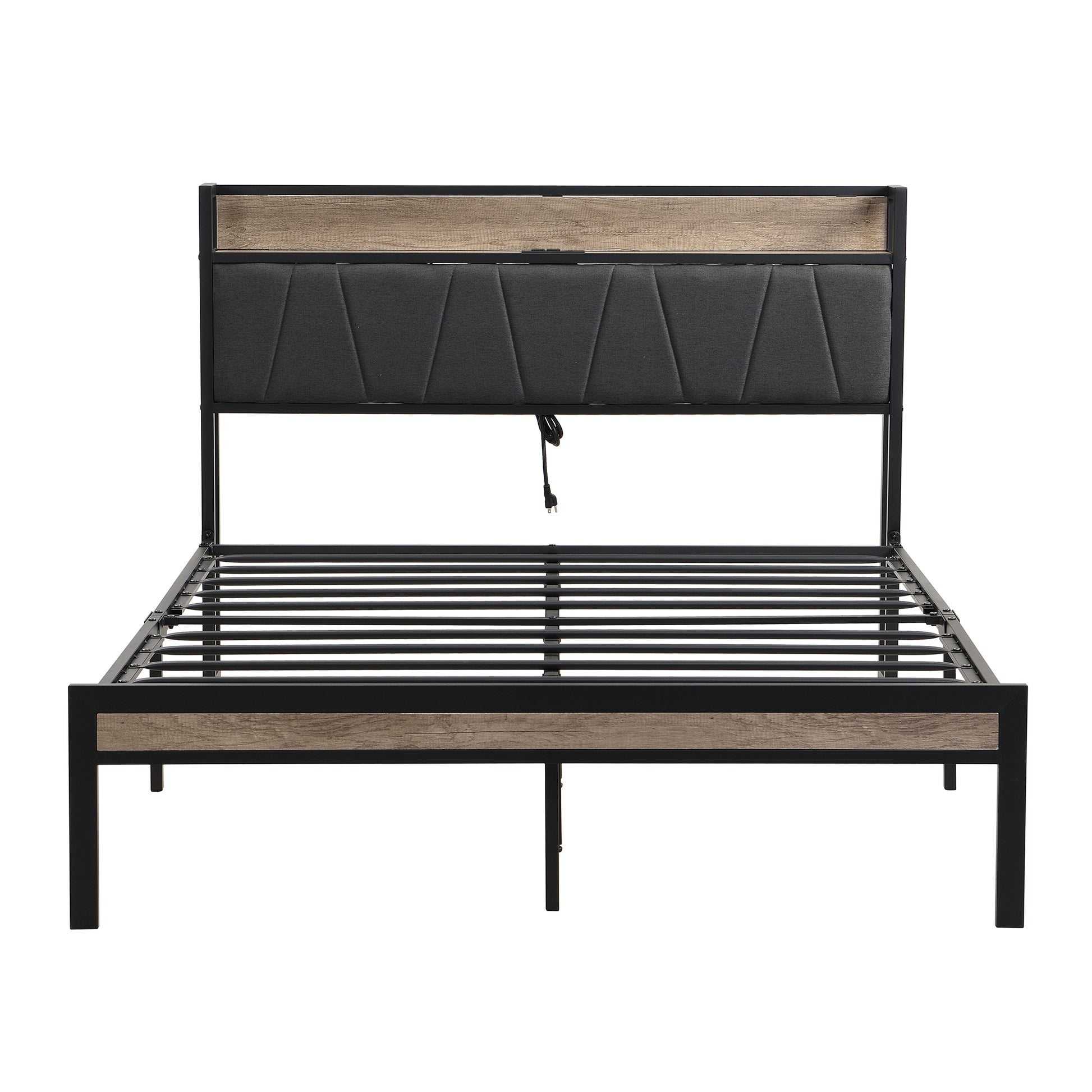 Modern upholstered bed frame with wood accents and black metal