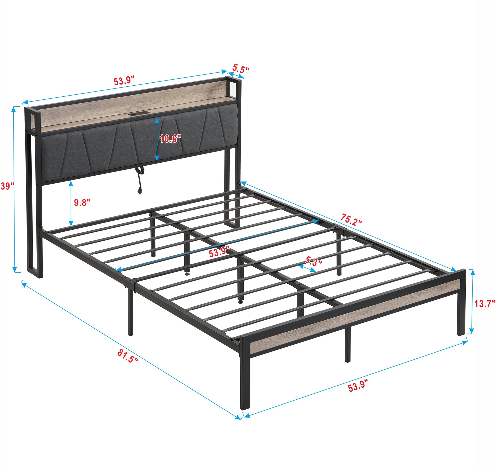 Upholstered platform bed frame with builtin headboard charging station and wood accents