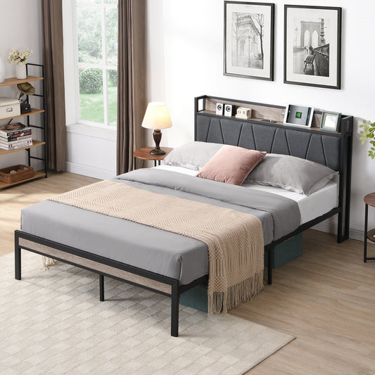 King size upholstered headboard bed frame with USB ports and shelf
