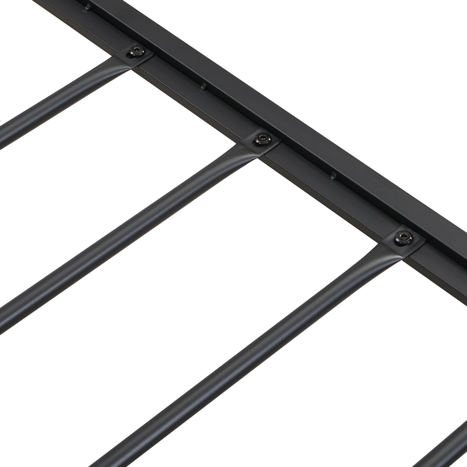 Closeup of black metal bed frame with parallel support slats and visible screws