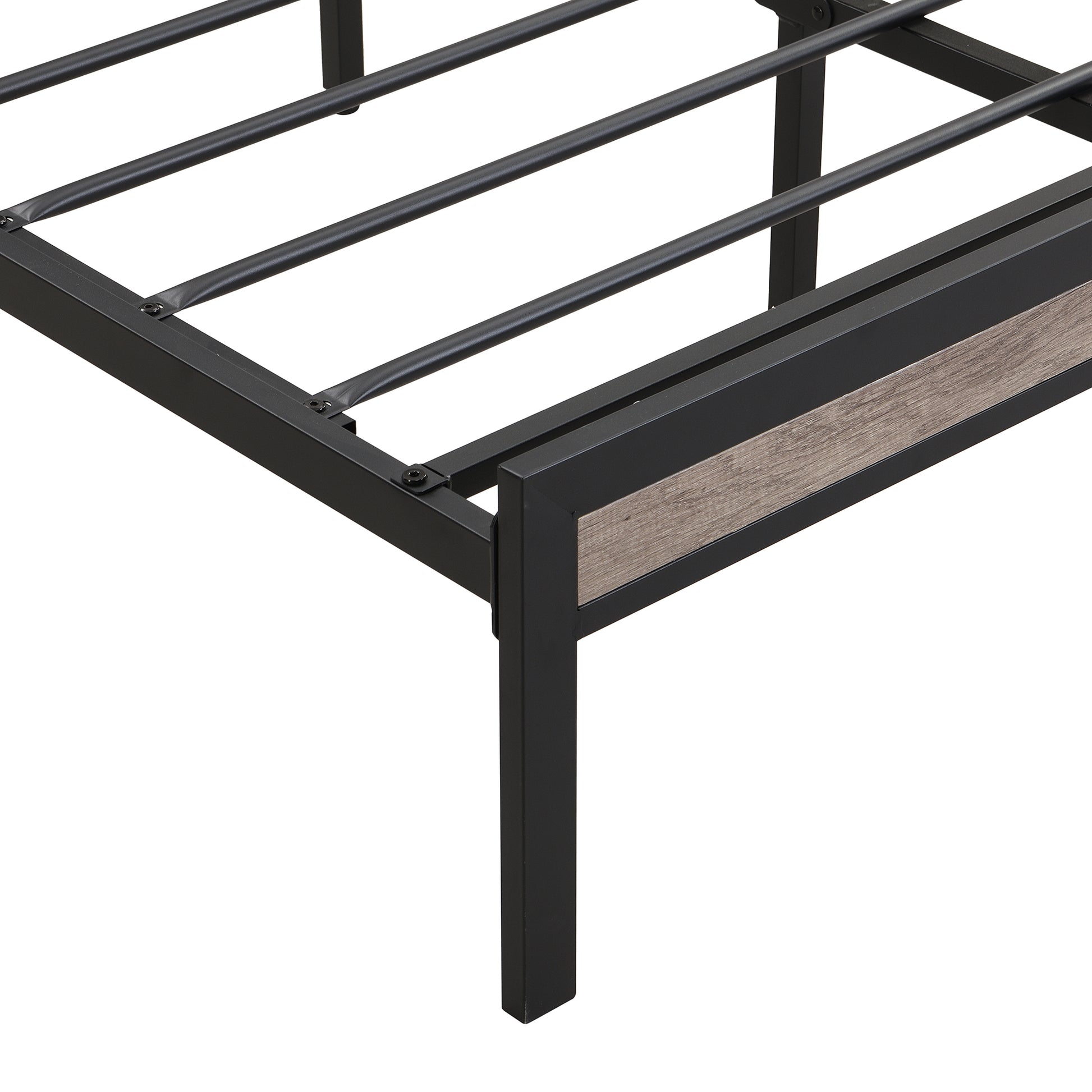 Black metal bed frame with distressed wood headboard panel for a modern look