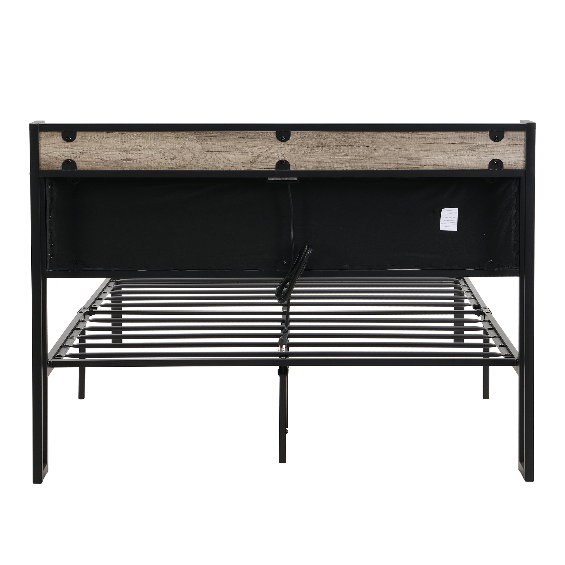 Industrial style metal bed frame with rustic wood grain headboard queen size