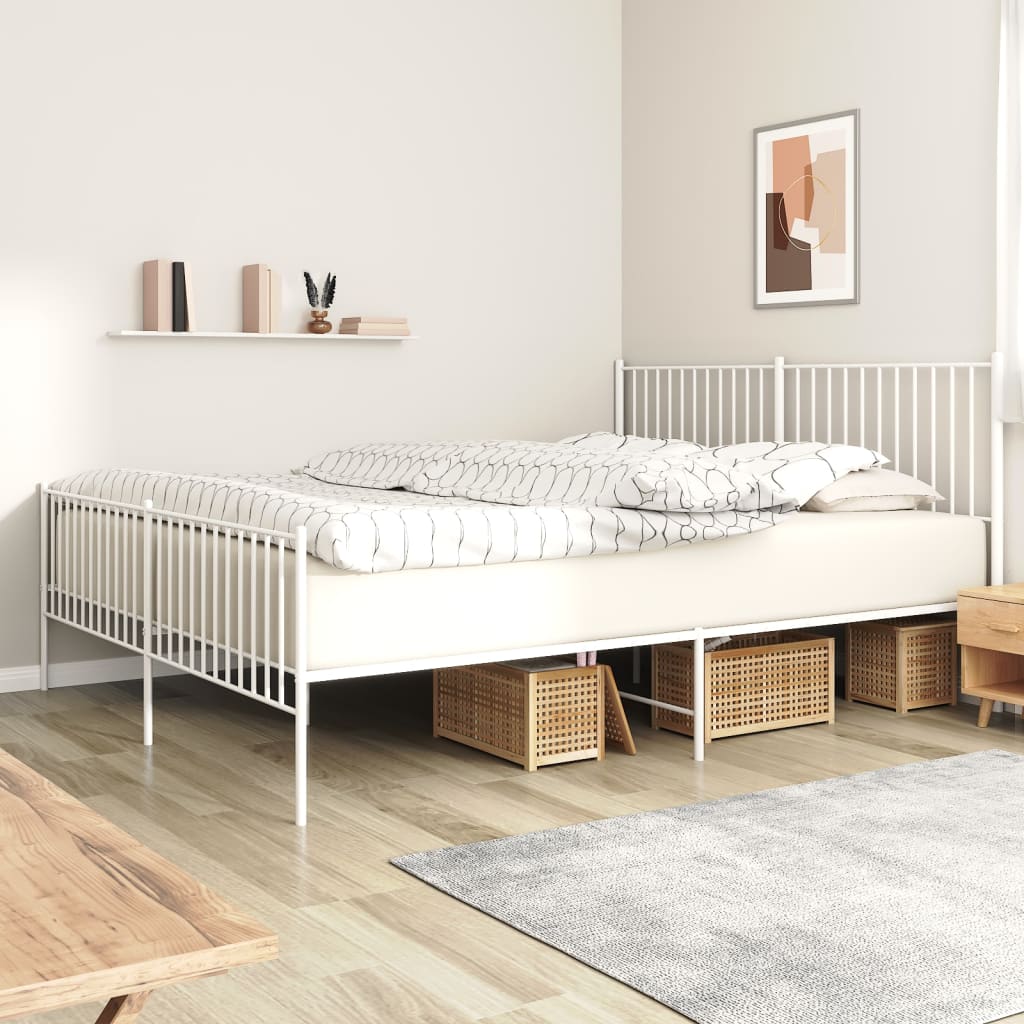White metal platform bed with slatted headboard and footboard