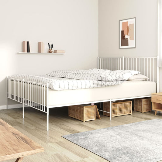 White metal platform bed with slatted headboard and footboard