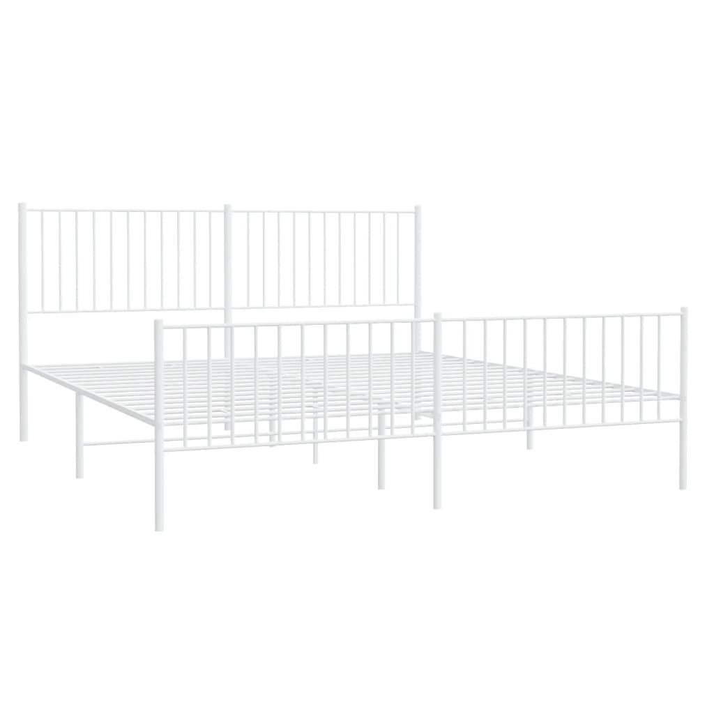 Minimalist white metal bed frame with slatted headboard and footboard