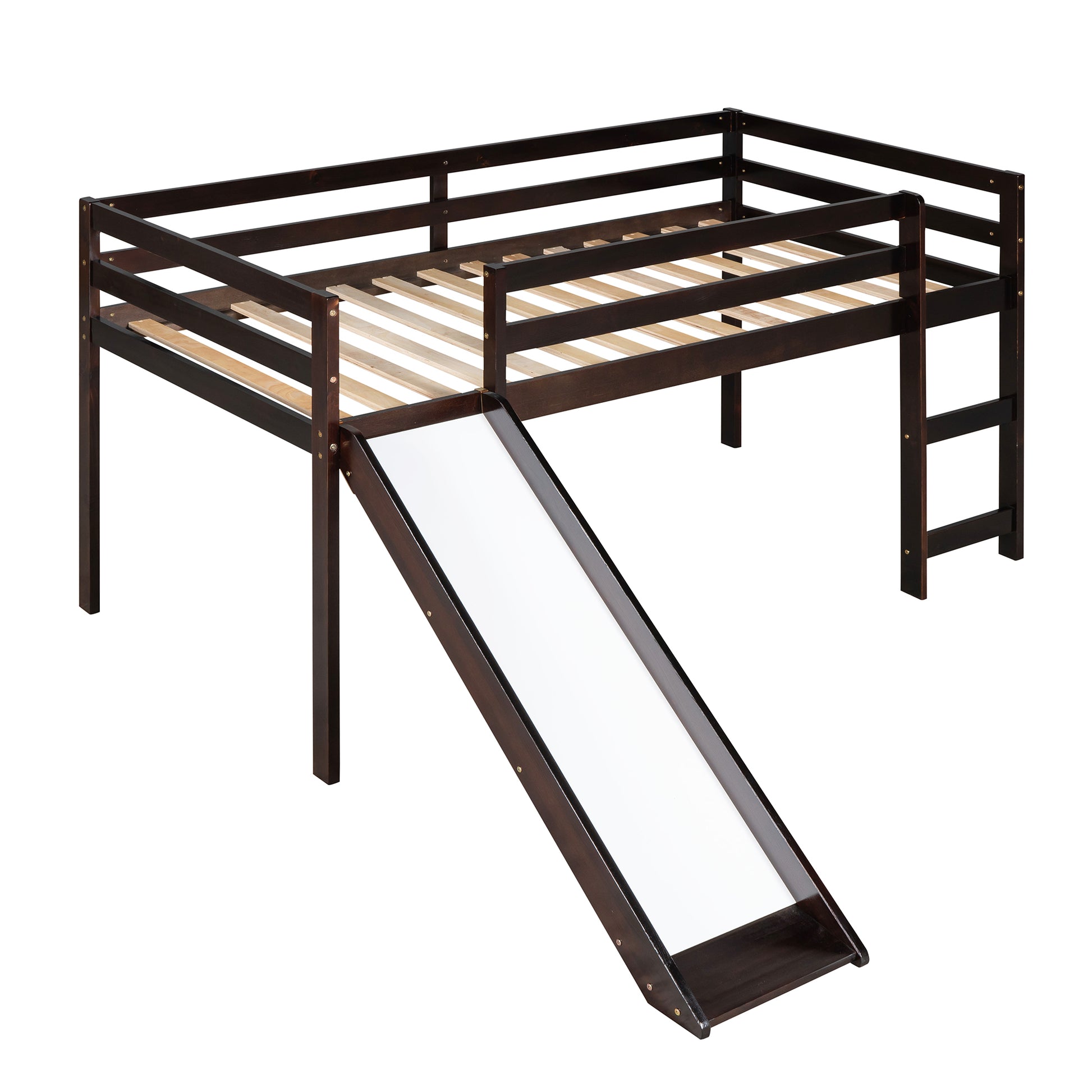 Dark brown wooden loft bed with integrated slide and ladder for kids rooms