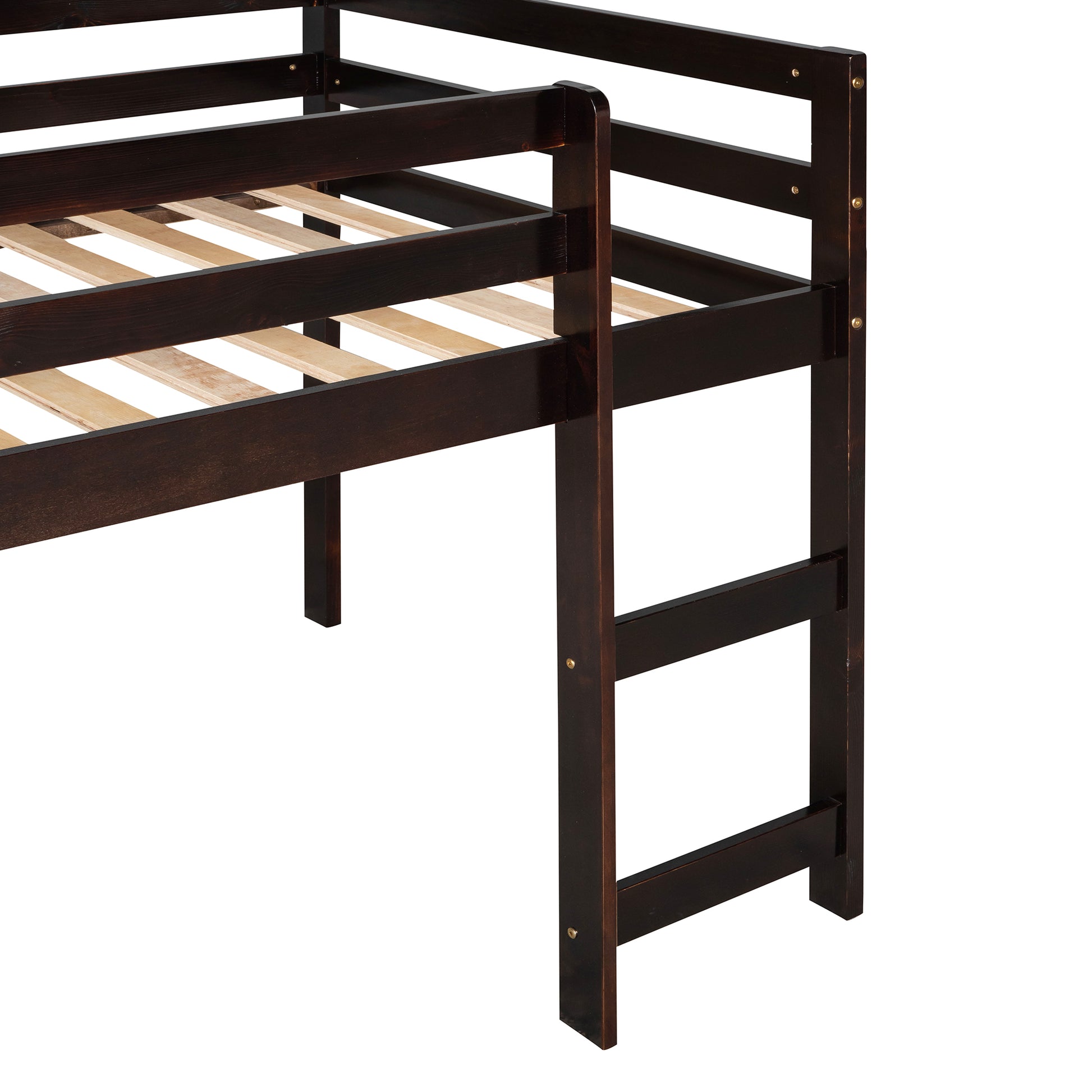 Dark brown wooden loft bed frame with sturdy ladder detail