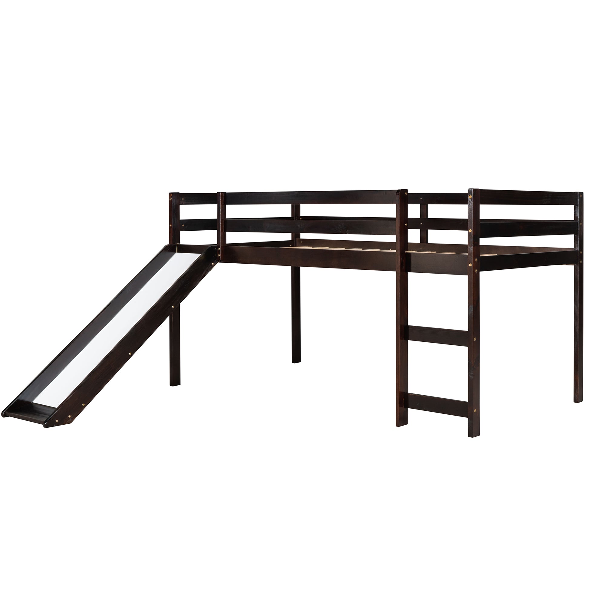 Dark brown wood twin loft bed with slide and ladder