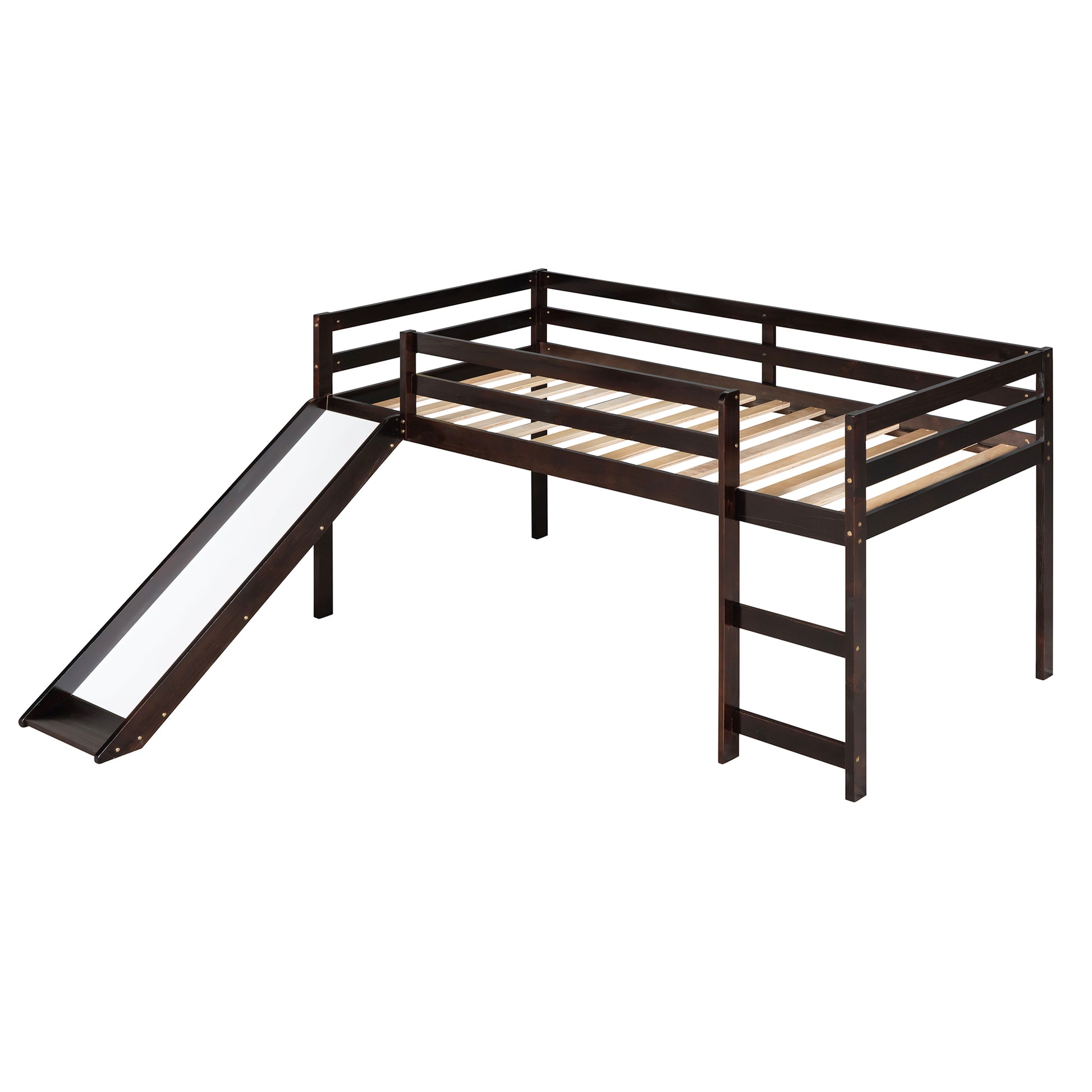 Dark brown wooden loft bed with slide and ladder for kids room