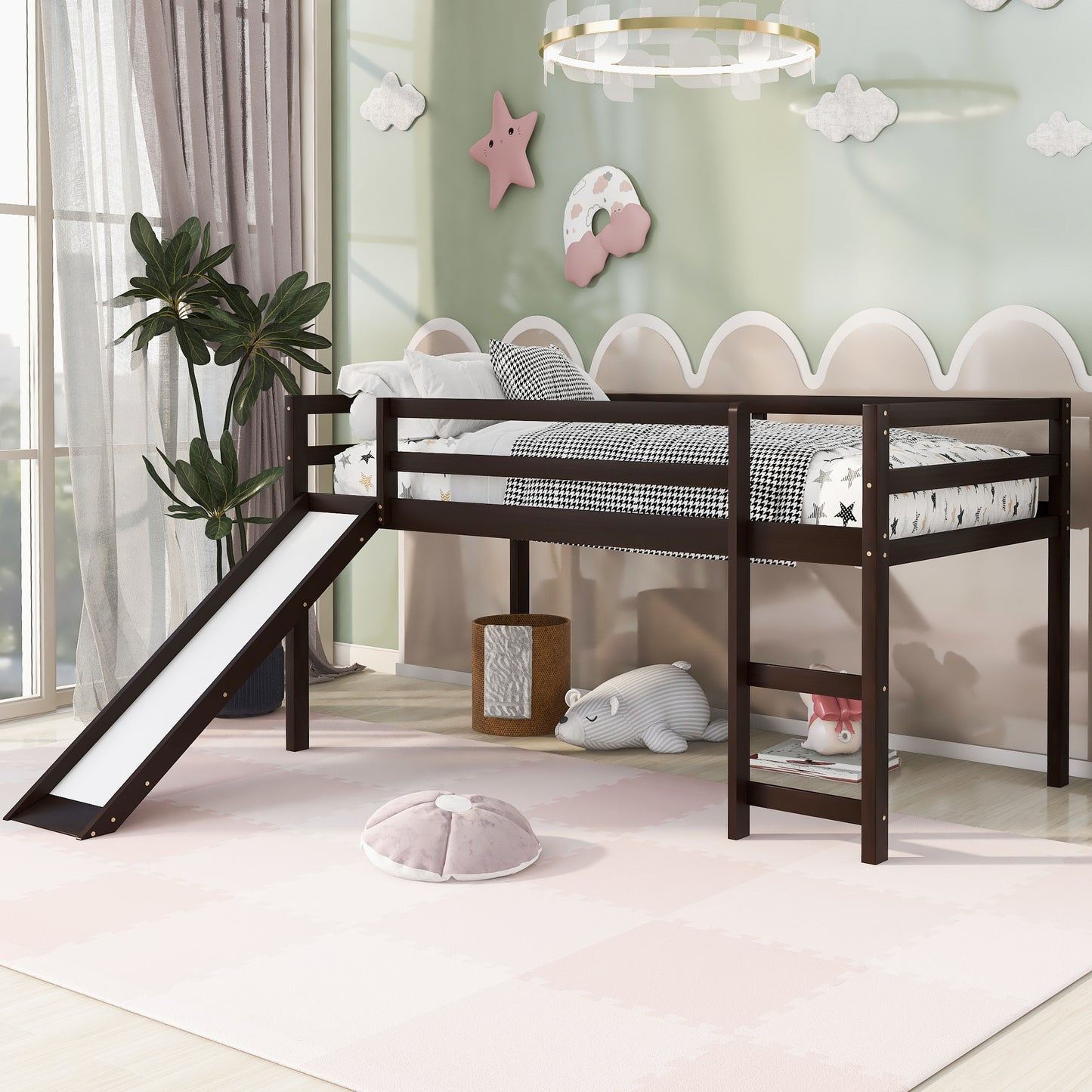 Dark brown wooden twin loft bed with white slide