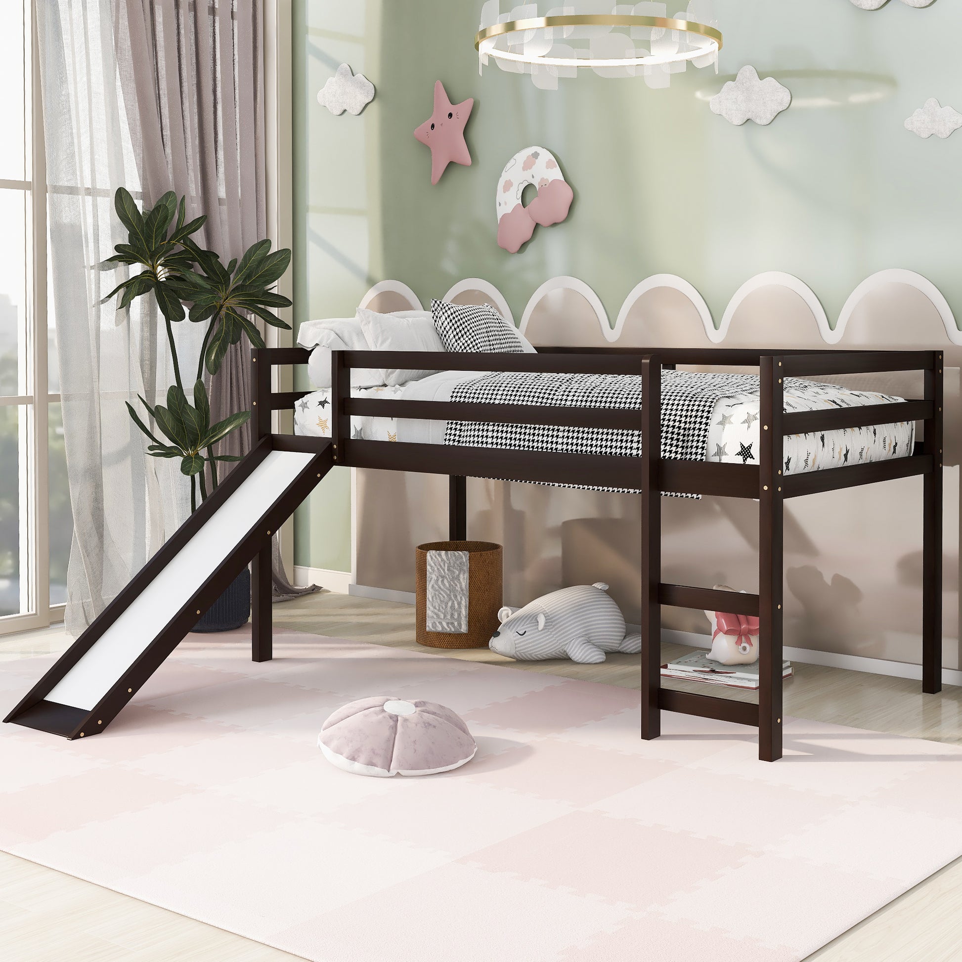 Dark brown wooden twin loft bed with white slide