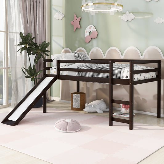 Dark brown wooden twin loft bed with white slide