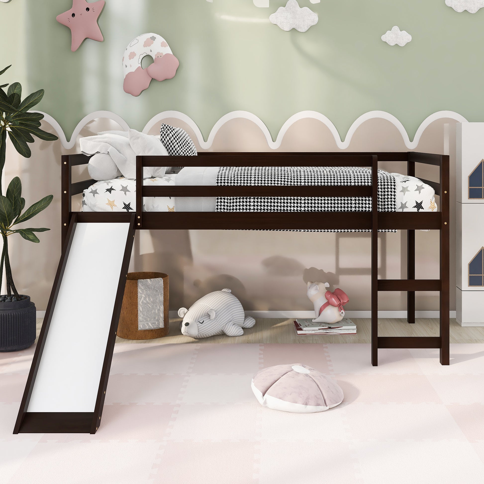 Dark brown wooden loft bed with white slide and ladder