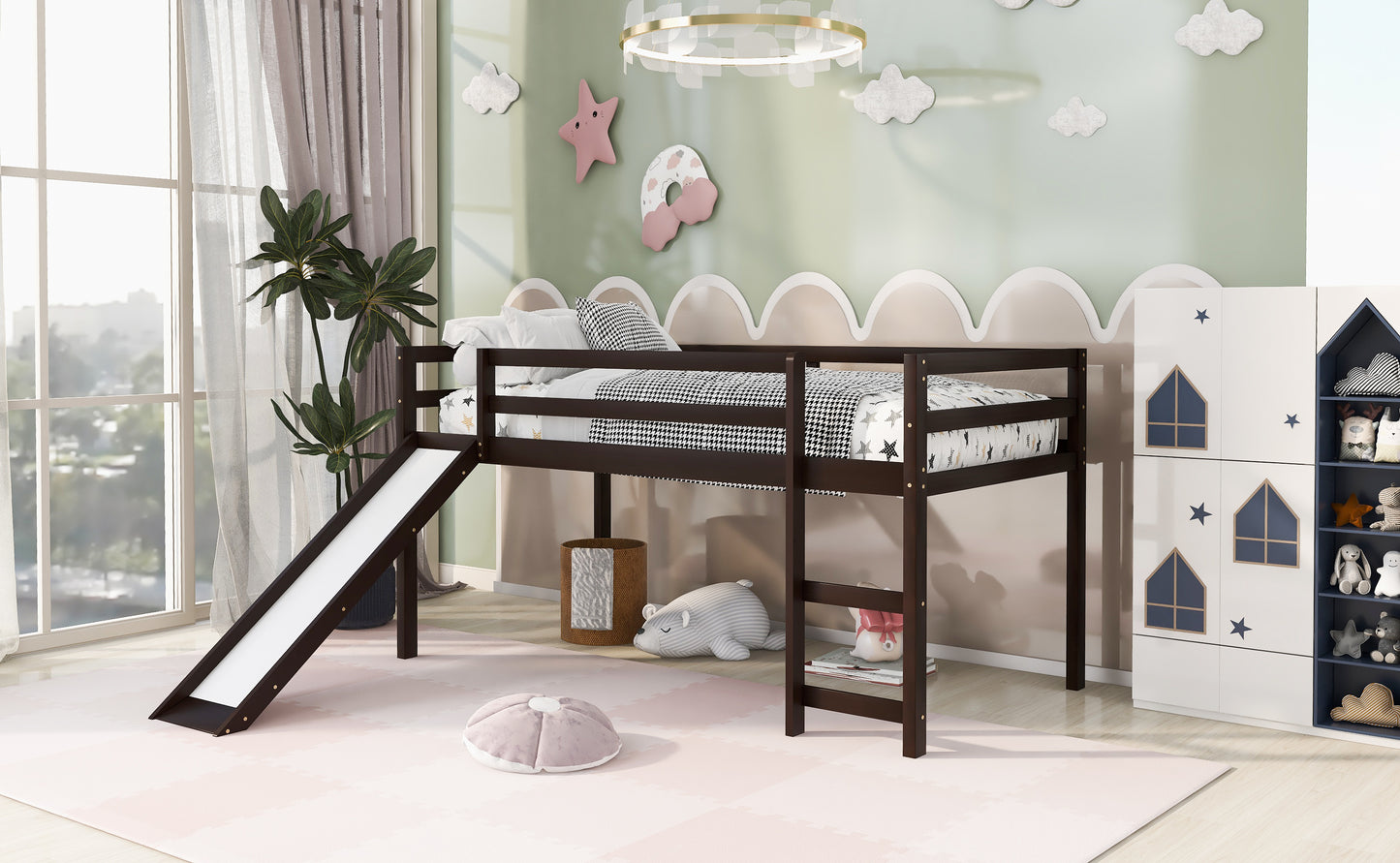 Dark wood loft bed with slide and star bedding for kids