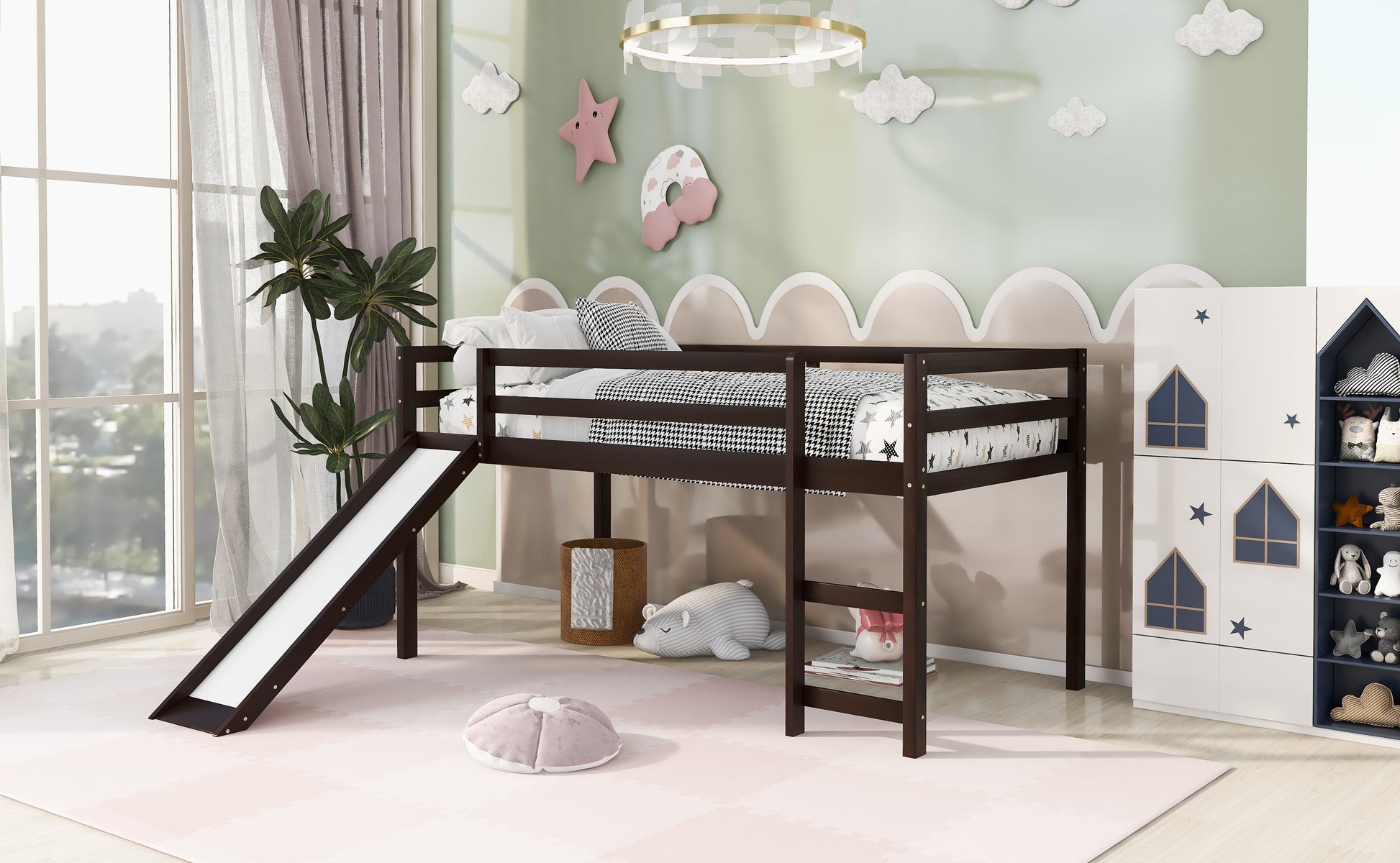 Dark wood loft bed with slide and star bedding for kids