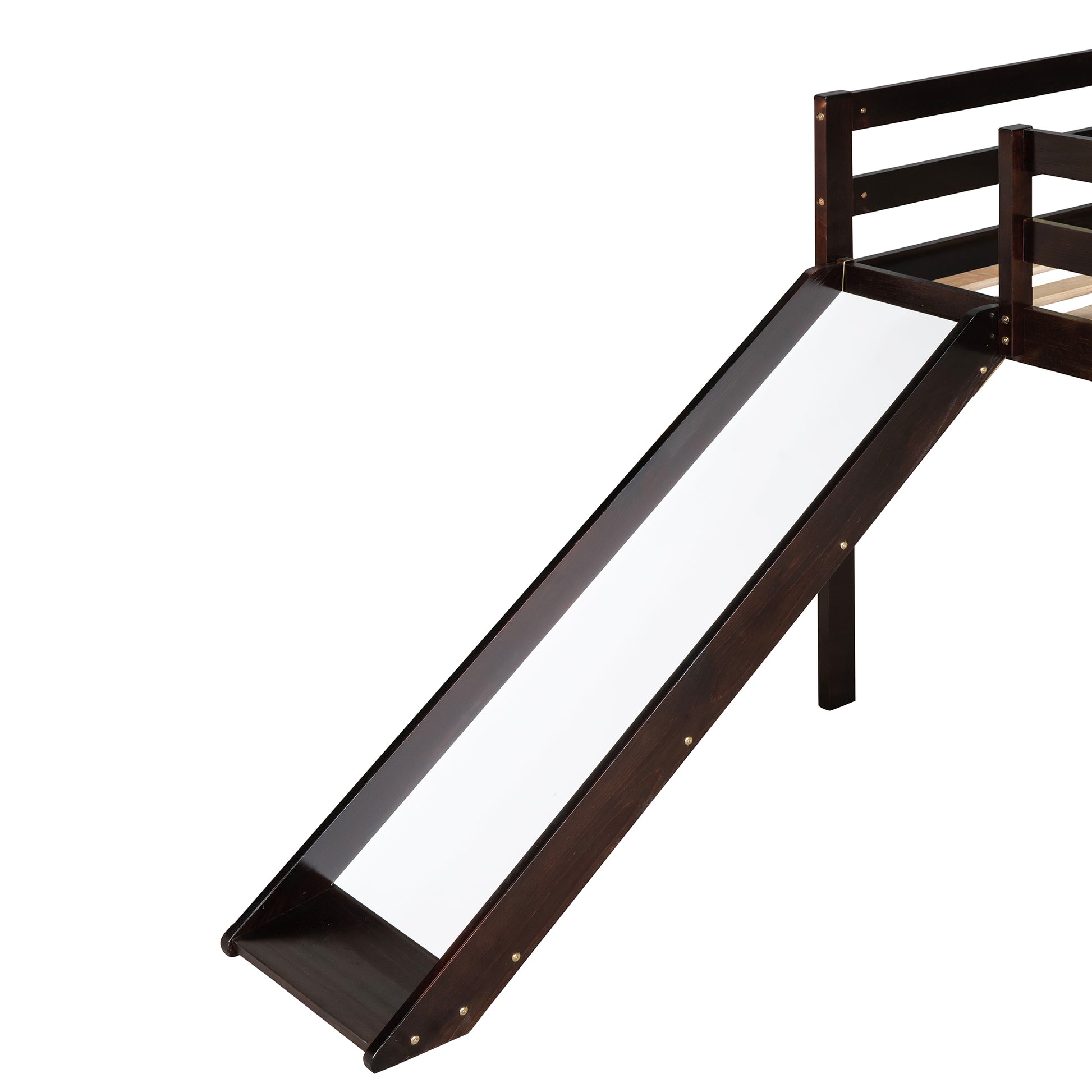 Dark brown wooden loft bed slide with white panel