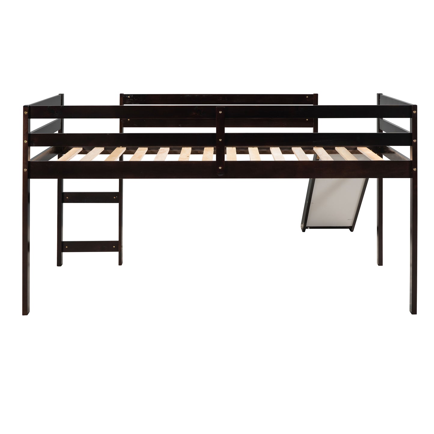 Dark brown wooden loft bed with ladder and slide for kids